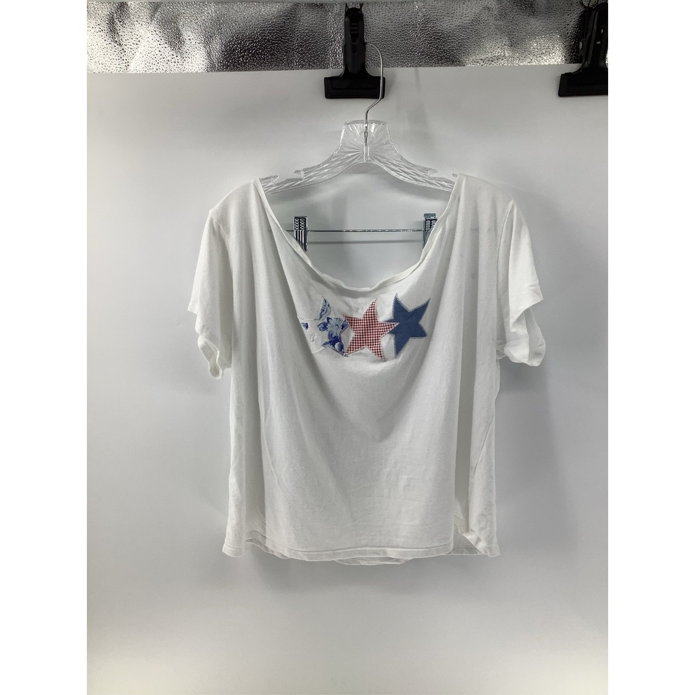 Hollister Womens XL White Scoop Neck Star Patch Graphic Tee Short Sleeve Relaxed